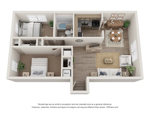 a stylized floor plan with a bedroom and a living room